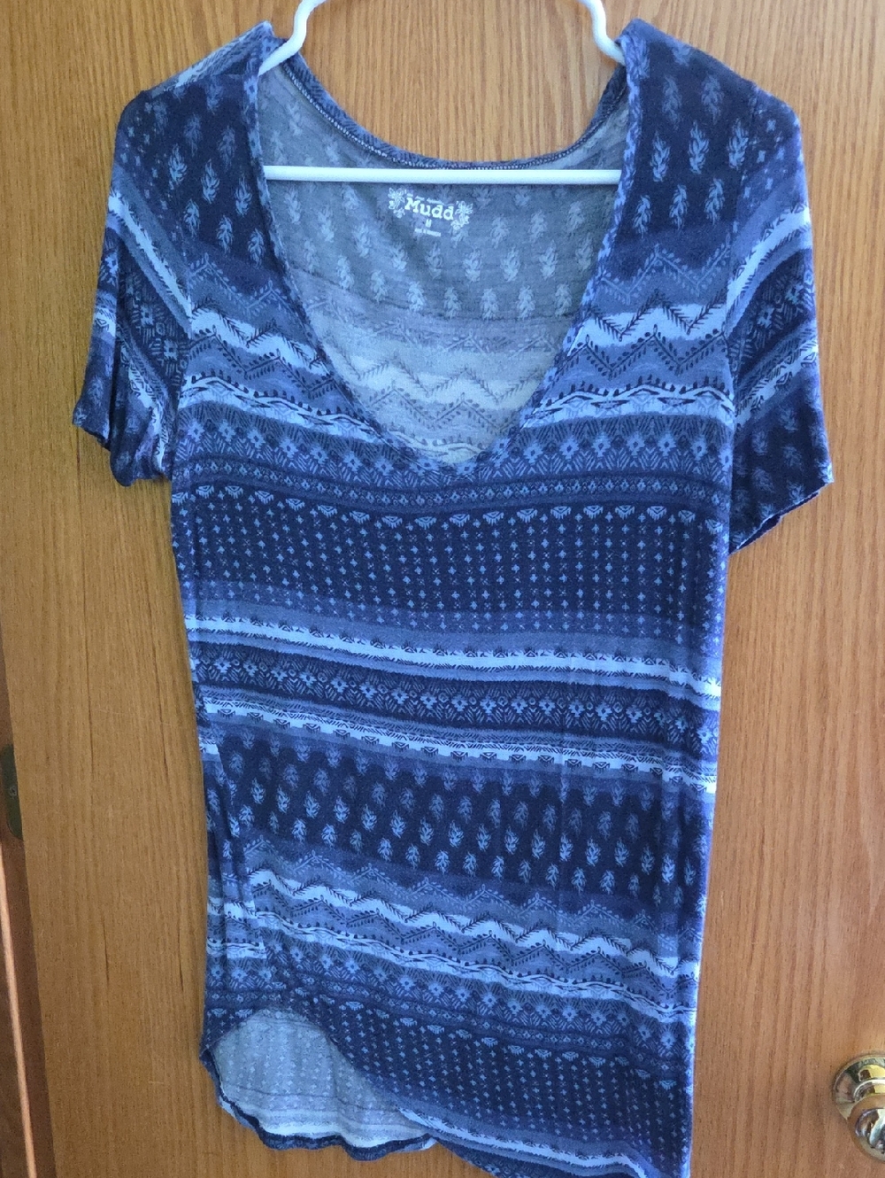 Mudd Navy & Light Blue Patterned Short-Sleeve Top